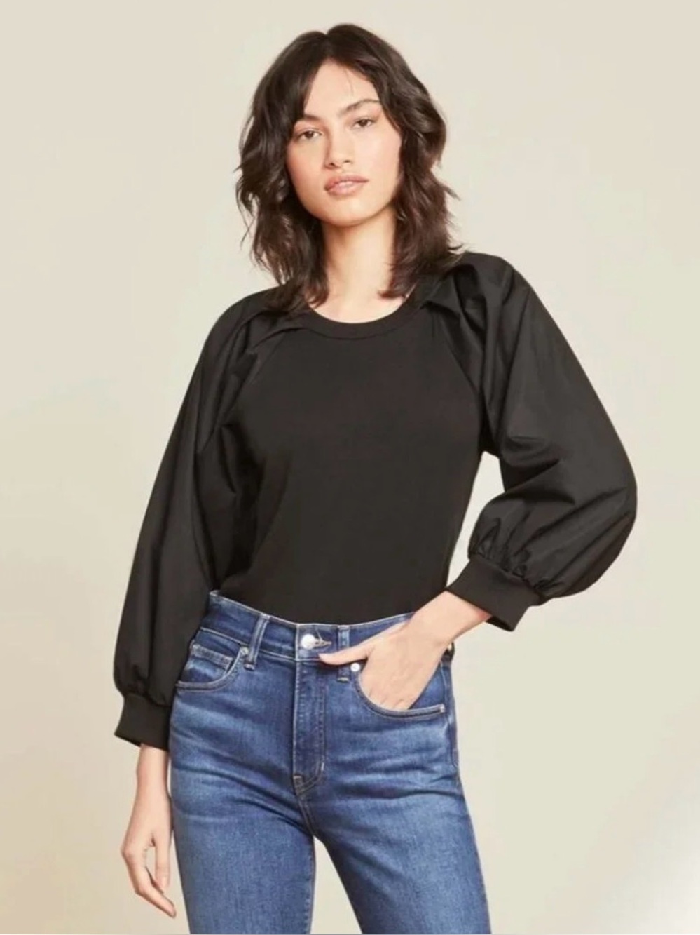 Veronica Beard Gibson Top Black Size Large Puff Sleeve Ribbed Statement Office